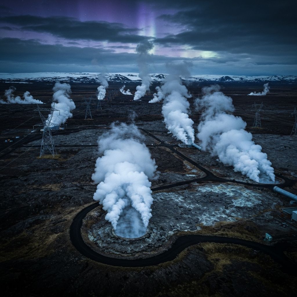 Iceland geothermal landscape with power stations and steam plumes at dusk
