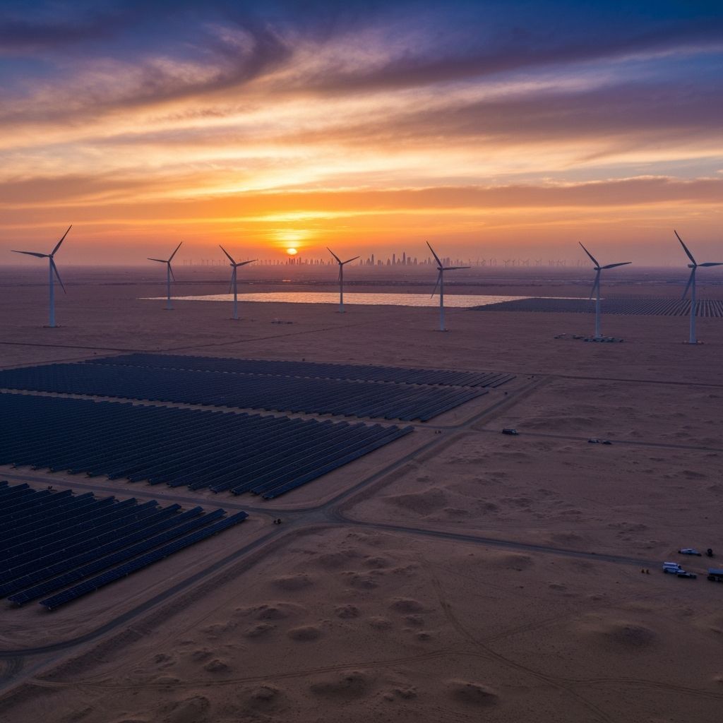 Vast Saudi Arabian solar farm arrays at dusk with NEOM skyline on the horizon