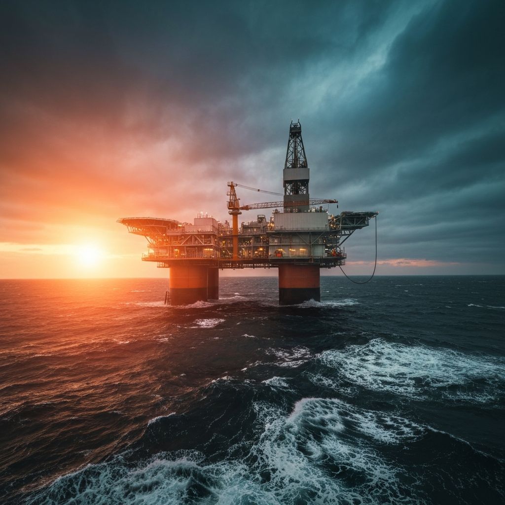 Offshore oil rig in the North Sea at dusk